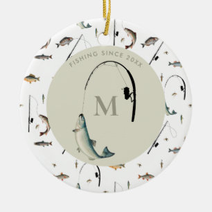 Fishing Rod & Reel Fish Theme Fisherman Monogram  Ceramic Ornament