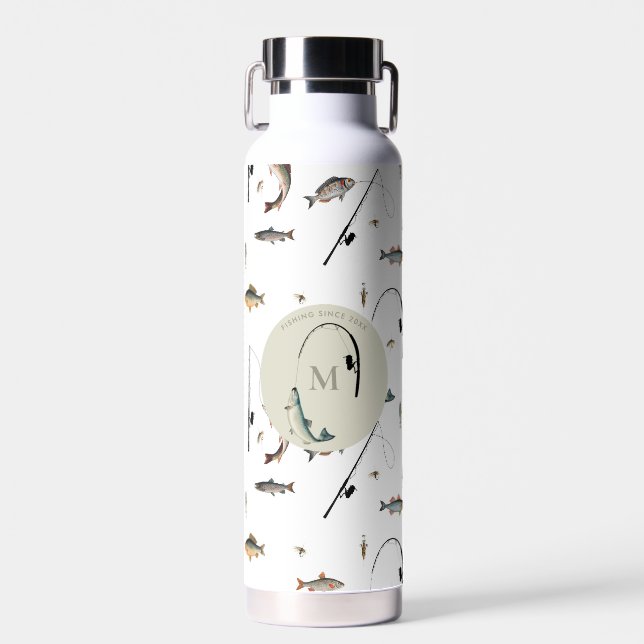 Fishing Rod & Reel Fish Theme Fisherman Monogram Water Bottle (Front)