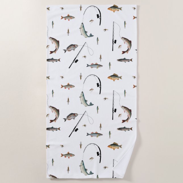 Fishing Rod & Reel Fish Theme Pattern Beach Towel (Front)