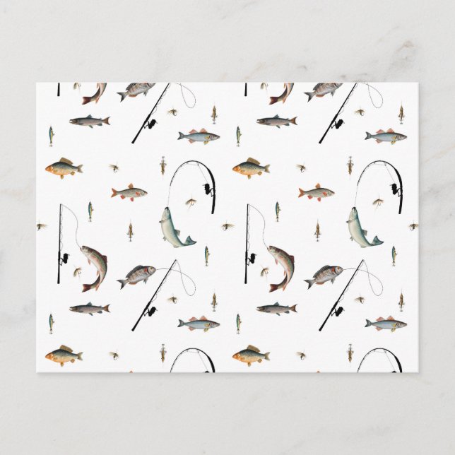 Fishing Rod & Reel Fish Theme Pattern Holiday Postcard (Front)
