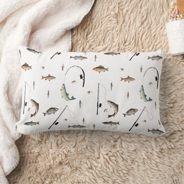 Fishing Rod & Reel Fish Theme Pattern Lumbar Pillow (Blanket)