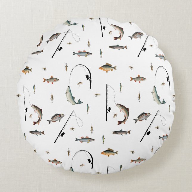 Fishing Rod & Reel Fish Theme Pattern Round Pillow (Front)