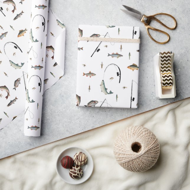 Fishing Rod & Reel Fish Theme Pattern Wrapping Paper (Crafts)