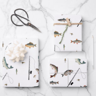Fishing Rod & Reel Fish Theme Pattern Wrapping Paper Sheets