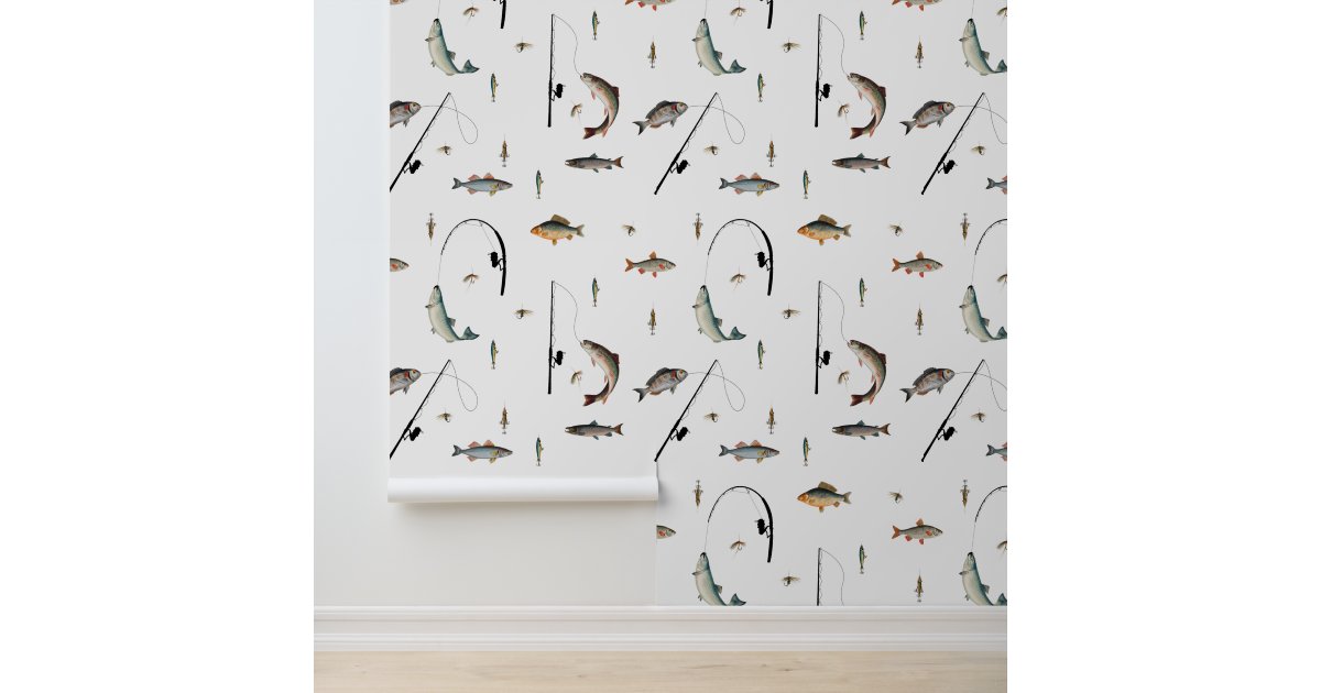 Fishing Rod & Reel Fish Theme Seamless Pattern Wallpaper | Zazzle