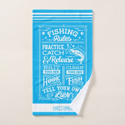 Fishing Rules blue white striped custom name Hand Towel
