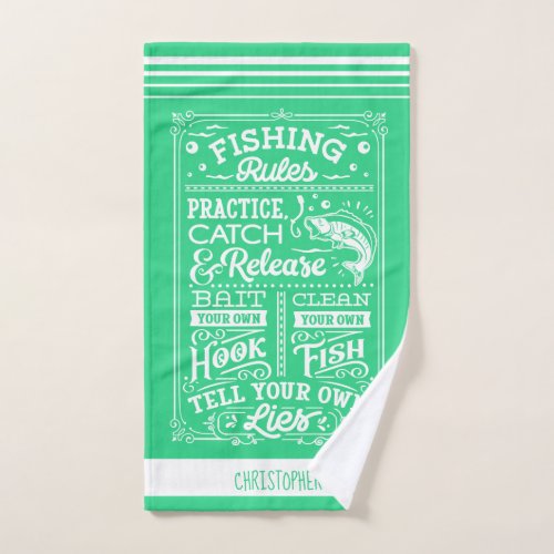 Fishing Rules green white striped custom name Hand Towel