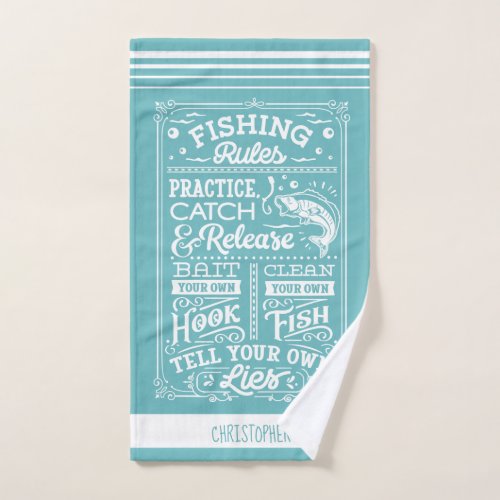 Fishing Rules mint white striped custom name Hand Towel