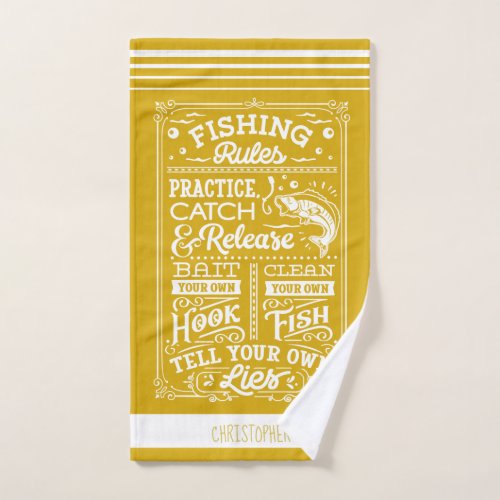 Fishing Rules mustard white striped custom name Hand Towel