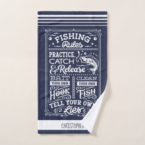 Fishing Rules navy white striped custom name Hand Towel