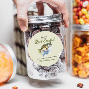 Fishing Sage Green Reel Excited Baby Shower Classic Round Sticker