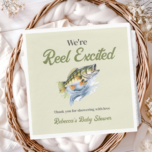 Fishing Sage Green Reel Excited Baby Shower Napkins (Creator Uploaded)