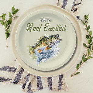 Fishing Sage Green Reel Excited Baby Shower Paper Plates