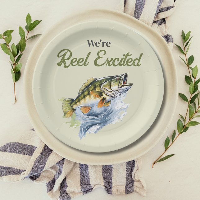 Fishing Sage Green Reel Excited Baby Shower Paper Plates (Creator Uploaded)