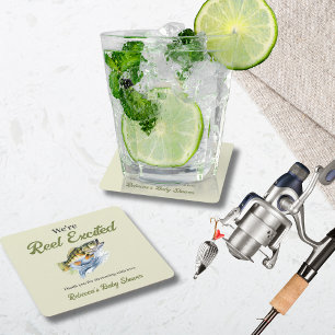 Fishing Sage Green Reel Excited Baby Shower Square Paper Coaster