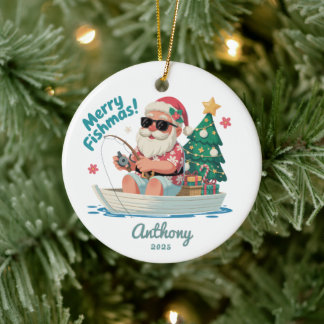 Fishing Santa Christmas Ceramic Ornament
