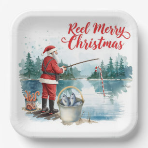Fishing Santa Christmas themed Paper Plates