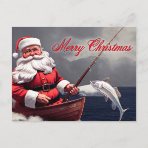 Fishing Santa Clause Merry Christmas Holiday Postcard