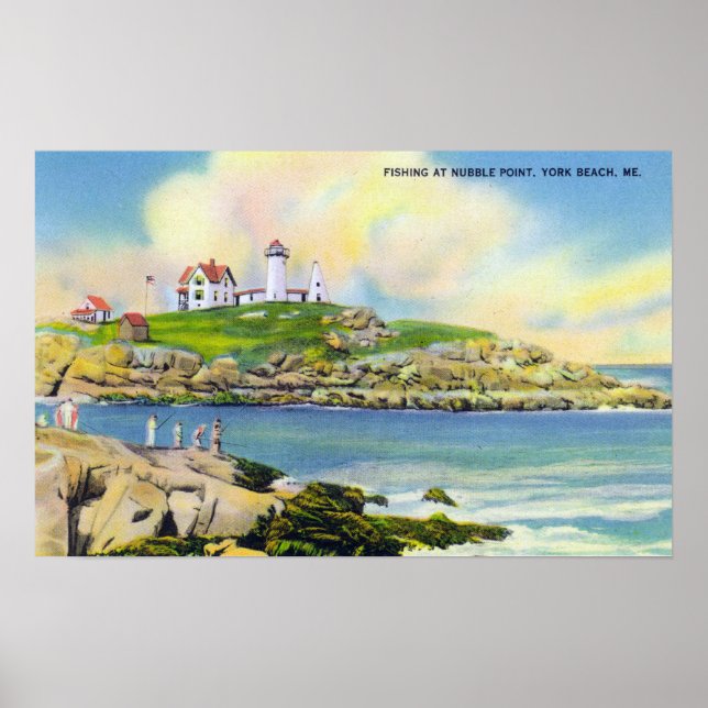 Fishing Scene at Nubble Point on York Beach Poster (Front)
