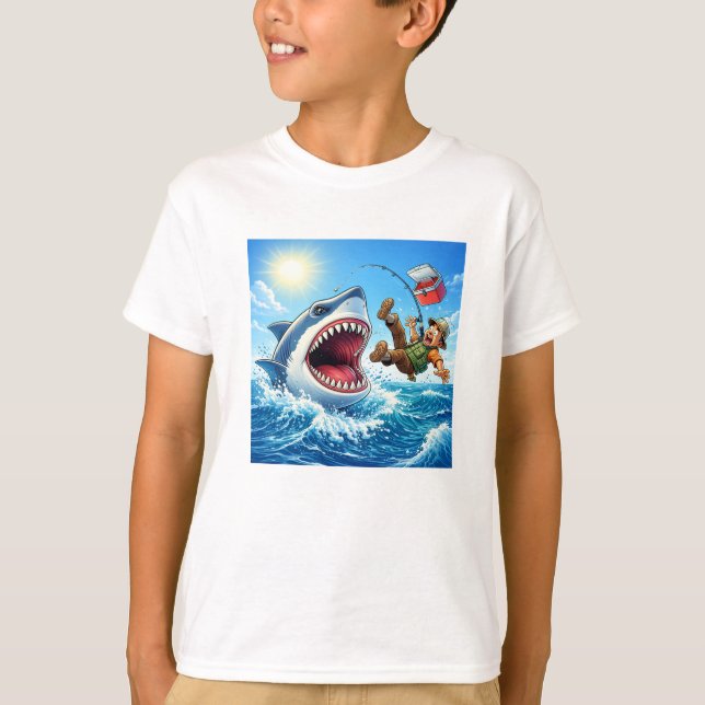 Fishing Shark Cartoon T-Shirt (Front)