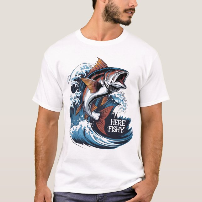 Fishing-Shirt Here-Fishy Graphic Funny T-Shirt (Front)