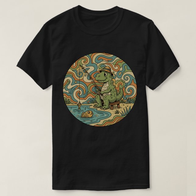 Fishing T-Rex - Groovy Dinosaur Angler T-Shirt (Design Front)