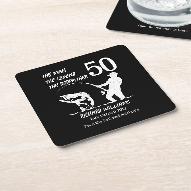 Fishing the Legend Rodfather 50th Birthday Square Paper Coaster (Angled)