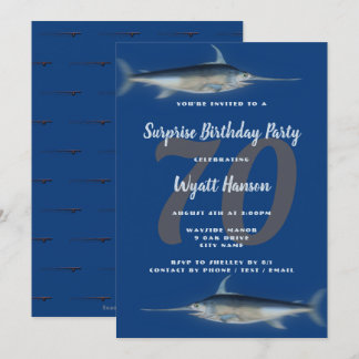 Fishing Themed Age Big Number Birthday Blue Invitation