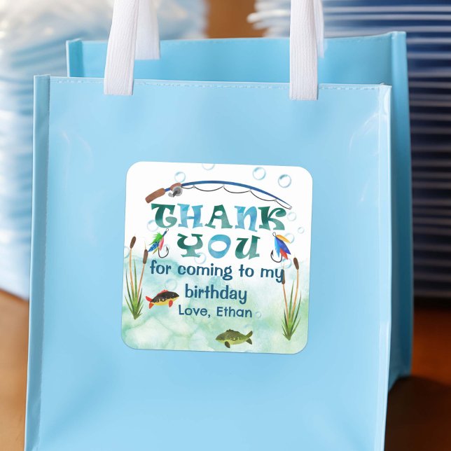 Fishing themed, o-fish-ally, 1st birthday favors square sticker (Fishing themed, O fish ally, birthday, boy 1st birthday thank you favor stickers.)