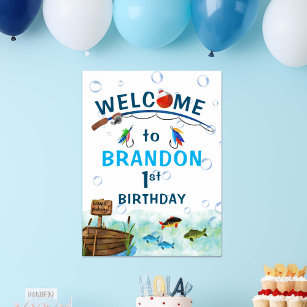 Fishing themed O-fish-ally birthday welcome sign