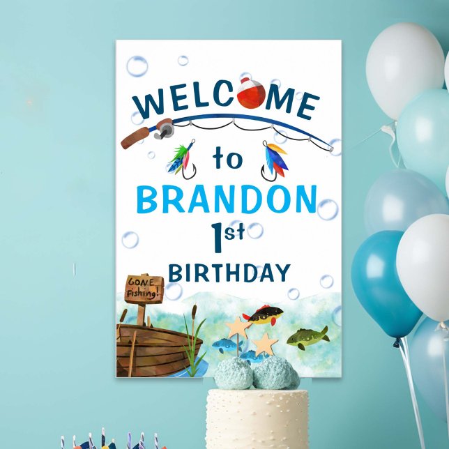 Fishing themed O-fish-ally birthday welcome sign (Fishing themed boy 1st birthday party welcome sign. O-fish-ally, little fisherman birthday decor.)