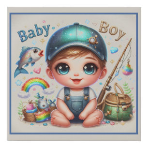 Fishing Time Cute Animated Baby Boy Faux Canvas Print