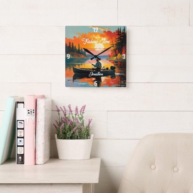  "Fishing Time" Relaxing Fishing Scene  Square Wall Clock (Reading Room)