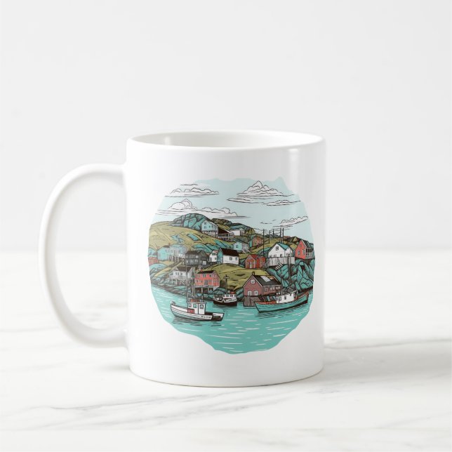 FISHING TOWN NEWFOUNDLAND HARBOUR ILLUSTRATION  COFFEE MUG (Left)