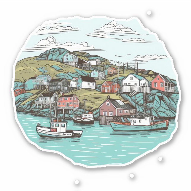 FISHING TOWN NEWFOUNDLAND HARBOUR ILLUSTRATION  STICKER (Front)