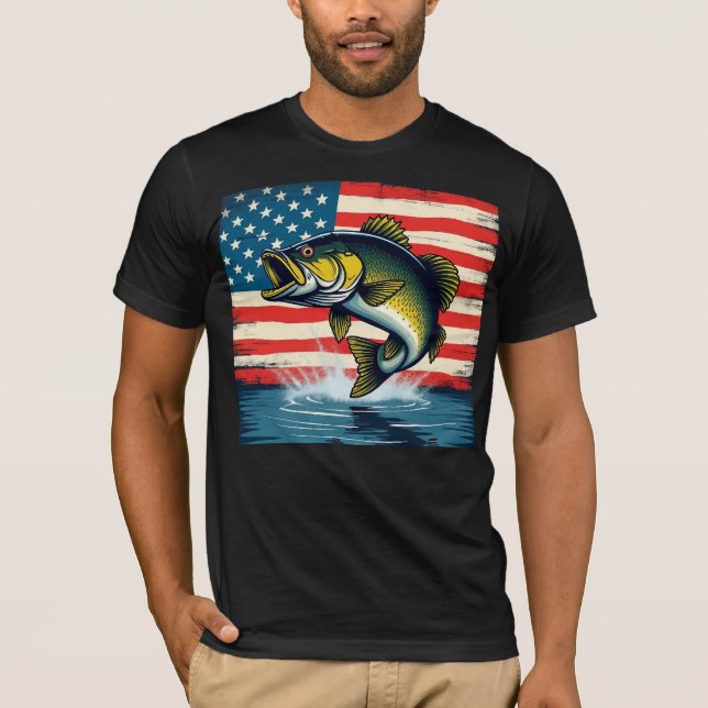 Fishing USA Flag Large Mouth Bass Gift Tshirt  (Front)