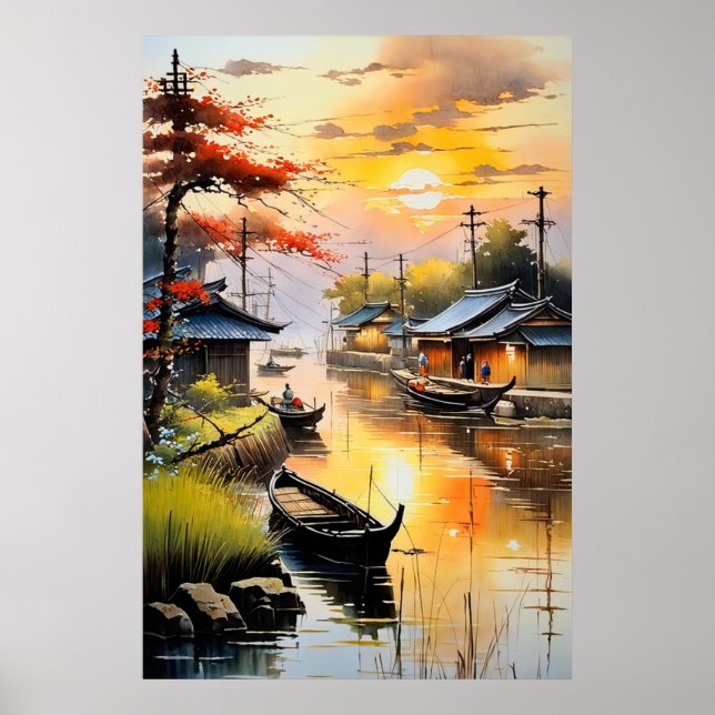 Fishing Village's Tranquil Evening Glow Poster (Front)