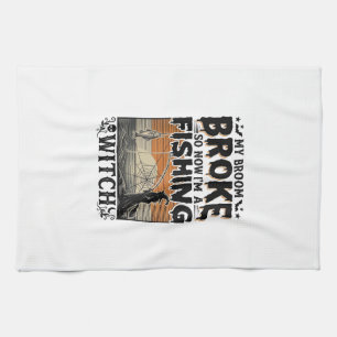 Fishing Witch Halloween Vintage Vector Design_1 Kitchen Towel
