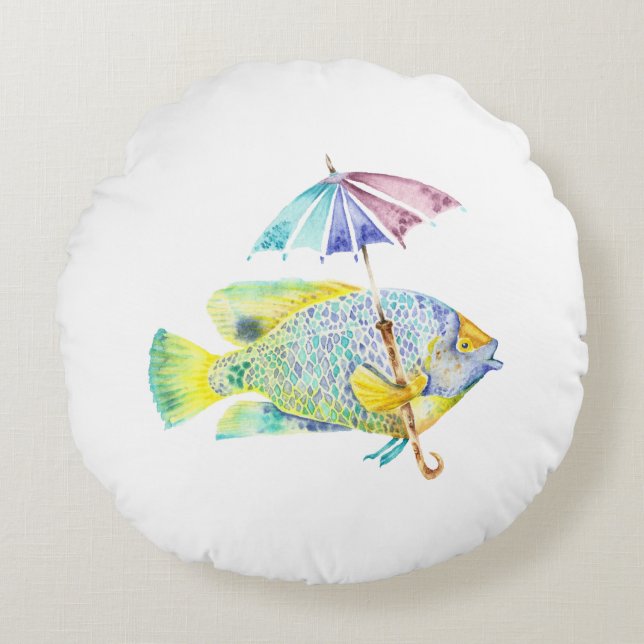 Fishy Fish with Umbrella Round Pillow (Front)