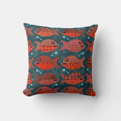 Fishy Piranha Pattern Retro Fish Cartoon Art Fun Throw Pillow