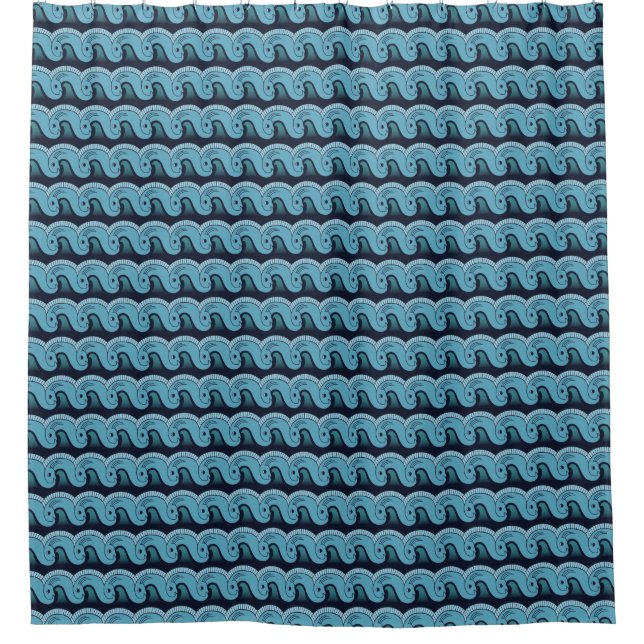 Fishy Waves Blue Pattern Shower Curtain (Front)