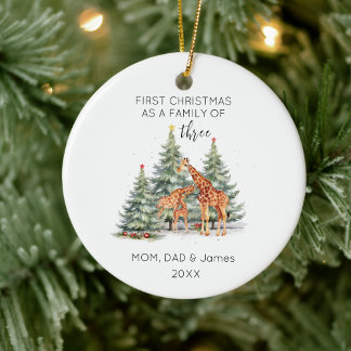 Fist Christmas Family of Three Name Cute Giraffe Ceramic Ornament