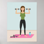 Fit Girl Working Out Lifting Weights Illustration Poster<br><div class="desc">Destei's cartoon illustration of a girl who is lifting weights. The girl is standing on a pink mat that has two dumbbells on it and a blue water bottle. Cute workout motivation poster for a gym or home!</div>