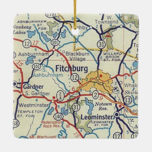 Fitchburg MA Vintage Map Ceramic Ornament
