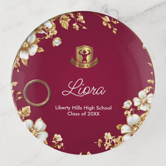 Fitness and Gym Gold Graduation Custom Name Person Trinket Tray (Front)