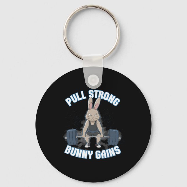 Fitness Bunny Bodybuilder Pull Strong Bunny Gains  Keychain (Front)