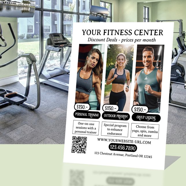 Fitness Center Discount Photo Price List Pedestal Sign (Discount price list business tabletop sign. With your custom photos, QR code template - fitness)