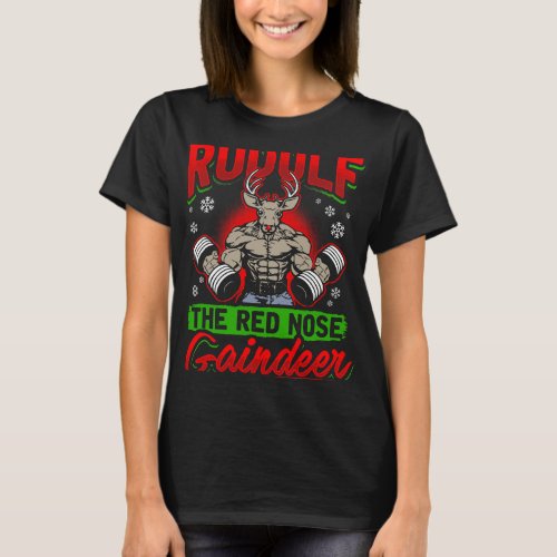 Fitness Christmas Toned Rudolf Muscle Gym Weights  T_Shirt