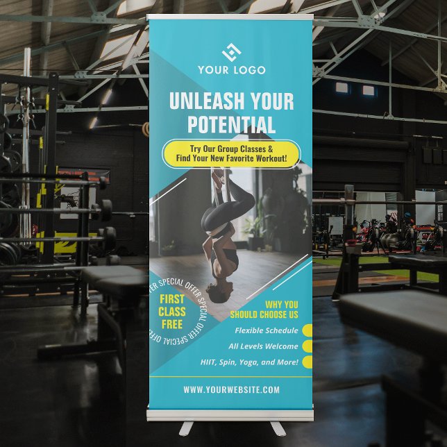 Fitness Classes Modern Photo Blue Marketing Gym Retractable Banner (Trendy teal and yellow sports advertising banner with photo and your custom text)