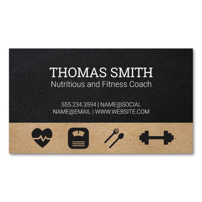 Fitness Coach | Health | Black Leather Business Card Magnet (Front)